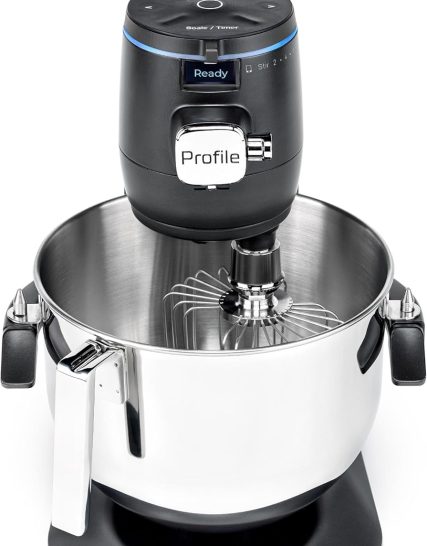 Lightweight CoreLiving GE Profile Smart Stand Mixer w/Built-In Smart Scale & Auto Sense Technology, 7qt Stainless Steel Bowl, 11 Speed l Dough Hook, Beater, 11-wire whip l works w/Amazon Alexa & Google Home l Stone White Ergonomic Grip