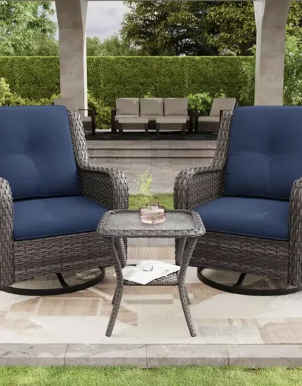 Value Pick NordicMarkt Wicker Patio Swivel Outdoor Rocking Chair Set with Cushions and Table (Set of 3) Matte Finished Surface