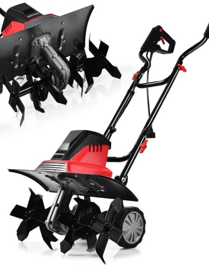 Pro Series DailyUse COSTWAY Electric Tiller 1500W Working Depth 22CM Width 43CM with Foldable Handle and Adjustable Wheels 6 Blades for Gardening and Weeding Non-Slip
