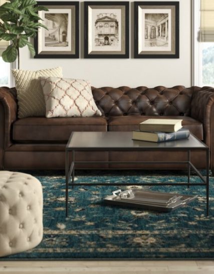 Modern ForgeCraft Owen 84” Genuine Leather Rolled Arm Chesterfield Sofa Multi Scene Compatible