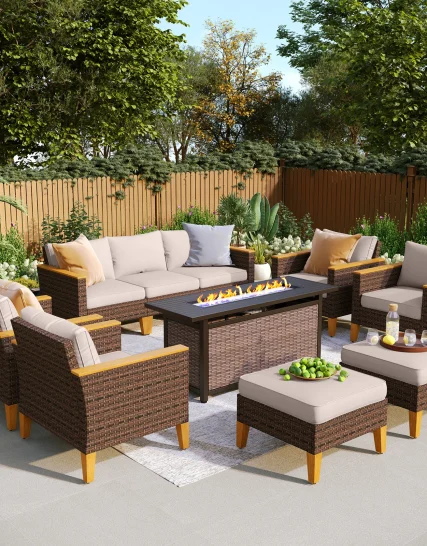 Modern ForgeCraft Wicker 9 - Person Garden Lounge Set with Cushions Small Batch Production